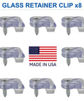 Sturdy Glass Panel Retainer Clips Eight Pack With Soft Rubber Bumpers And Machine Screws For Display Cases and Mirror Walls No Hassle Setup Locks Everything Down Secure Five Thirty Two Inch Offset, clear clips with screws.