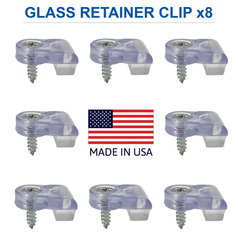 Sturdy Glass Panel Retainer Clips Eight Pack With Soft Rubber Bumpers And Machine Screws For Display Cases and Mirror Walls No Hassle Setup Locks Everything Down Secure Five Thirty Two Inch Offset, clear clips with screws.