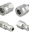 Four Raincovo stainless steel 3/8-inch pressure washer quick-connect fittings with male and female threads.