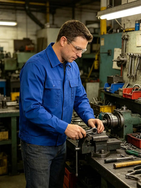 Kick Ass Heavy Duty Men's Long Sleeve Work Shirt And Custom Printed Industrial Uniform For Mechanics And Factory Crews Featuring Thick 100 Percent Cotton gear in blue, worn by a mechanic at a workbench.