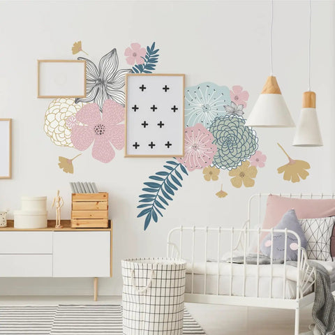 Pink Perennial Blooms Giant Peel And Stick Wall Decals Set Of 18 for smooth surfaces in modern nursery decor scene