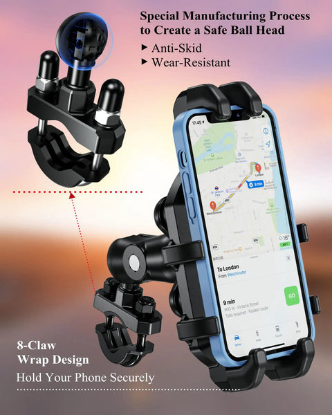 Beefy Heavy Duty Motorcycle Phone Mount With Vibration Dampener And Anti Shake Handlebar Cradle For Bikes Scooters And ATVs Fits 5.4 To 6.9 Inch Smartphones Sturdy Grip Easy Install displaying secure 8-claw wrap holding phone.