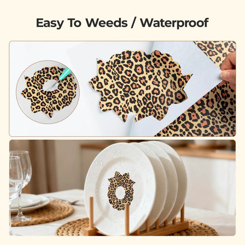 Leopard Print Permanent Vinyl Sheets Bundle 12X10 Inch, 10 Pack With 2 Transfer Papers Included showing vinyl on plates.