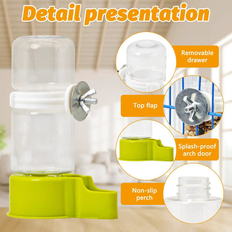 Awesome 2 Pack Automatic Bird Water Dispenser With No Mess Design For Parrot And Budgie Cages featuring green base and removable drawer.