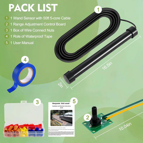 Pack list of Ready To Roll Vehicle Exit Sensor Kit: wand sensor, burial cable, control board, connect nuts, waterproof tape, manual.