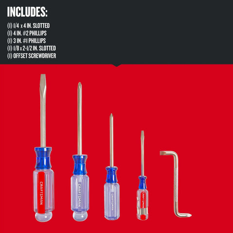 Acetate Screwdriver Set 5 Piece With Alloy Steel Blades And Satin Nickel Finish displayed on a red background.