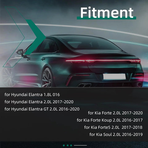 Rear view of a car with fitment details for Hyundai Elantra, Kia Forte, and Kia Soul models displayed in text.