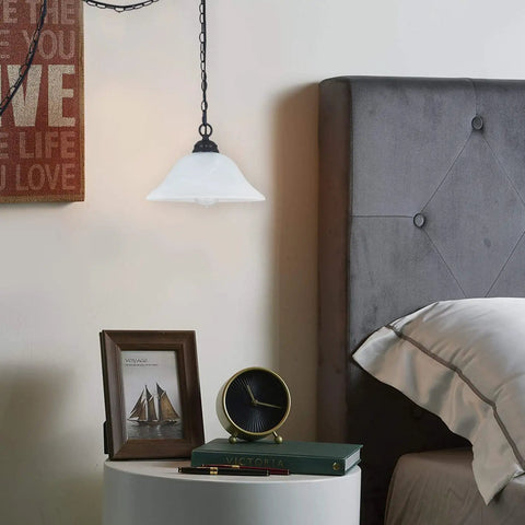 Plug In Pendant Light With Alabaster Glass Shade In Black Dimmable Swag Lamp With Long 16.4 Ft Cord And 14.7 Ft Chain over a bedside table