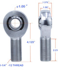 Beefed Up Heavy Duty 1.25 Inch Heim Joint Rod End Kit With Left And Right Hand Threads Chromoly Panhard Rod End For Traction Bars And Tie Rods Includes Spacer Tube Adapters And Jam Nuts For Durable Off Road Steering Linkage. 1.25-inch chromoly heim joint rod end, 1-1/4-12 thread, front and side view