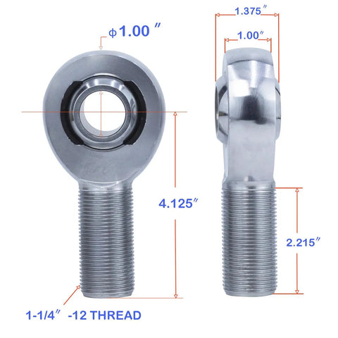 Beefed Up Heavy Duty 1.25 Inch Heim Joint Rod End Kit With Left And Right Hand Threads Chromoly Panhard Rod End For Traction Bars And Tie Rods Includes Spacer Tube Adapters And Jam Nuts For Durable Off Road Steering Linkage. 1.25-inch chromoly heim joint rod end, 1-1/4-12 thread, front and side view