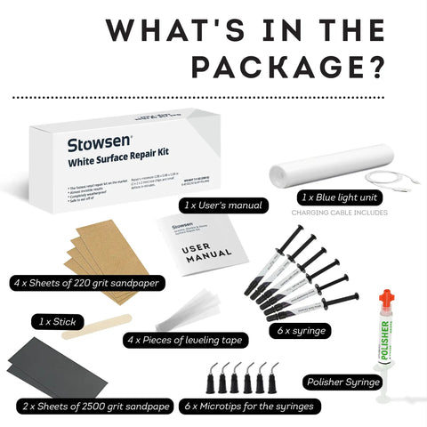 Contents of Tile Repair Kit For Quick DIY Fixes On Chips And Cracks In Marble Corian Porcelain And Granite Countertops Bathtubs.