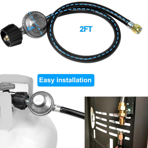 Image of Two Foot Propane Gas Grill Regulator And Hose For Weber Charbroil Nexgrill Grills Patio Heaters And Fire Pits Replacement Low Pressure LP Regulator, showing hose and connection installation.