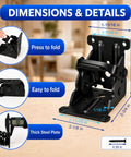 Heavy Duty Folding Brackets 4 Pack With Screws, Self Locking Steel Hinges for Table Legs, measurements shown