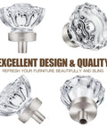 Totally Sleek Eight Piece Brushed Nickel Glass Cabinet Knob Set With Vintage Crystal Round Flower Design, shown from various angles.