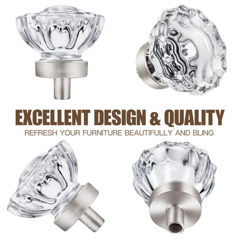 Totally Sleek Eight Piece Brushed Nickel Glass Cabinet Knob Set With Vintage Crystal Round Flower Design, shown from various angles.