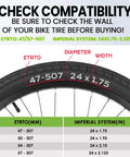 Chart showing compatibility for 20 Percent Thicker Butyl Rubber Bike Inner Tube 24X1.75 24X1.95 24X2.10 24X2.125