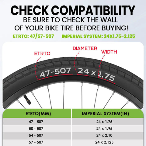 Chart showing compatibility for 20 Percent Thicker Butyl Rubber Bike Inner Tube 24X1.75 24X1.95 24X2.10 24X2.125