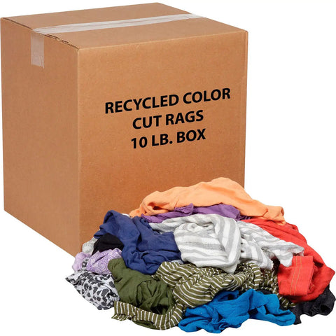 10 Lb Box Of Recycled Cut Rags Mixed Colors For Polishing Finishing Dusting And Cleaning Jobs Made From Assorted Knits In Various Types And Sizes Pro Grade Multipurpose Shop Towels For Home And Garage visible with assorted colored rags spilling out, showcasing diversity in fabric and color.