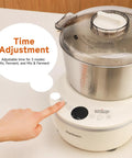Joydeem 3.7Qt Electric Dough Maker with Smart Seasonal Fermentation, showing adjustable time settings and stainless steel basin.