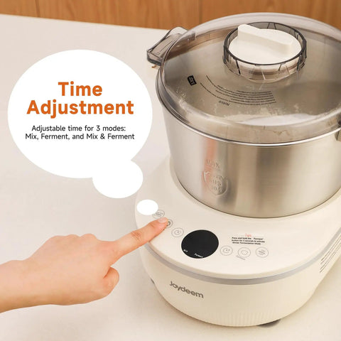 Joydeem 3.7Qt Electric Dough Maker with Smart Seasonal Fermentation, showing adjustable time settings and stainless steel basin.