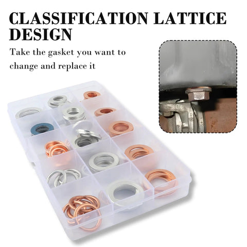Must Have 105Pcs Car Oil Drain Plug Gasket Set with crush washer assortment in organized case and close-up of installed gasket