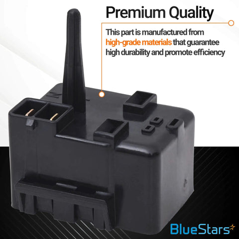 WR07X10097 12uF 250VAC Relay And Overload Assembly Replacement For GE Refrigerators, black plastic unit, close-up view