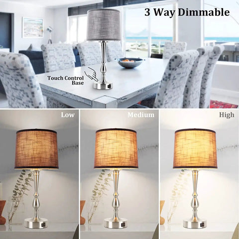 Set of 2 24.8 Inch Modern Table Lamps for Bedroom with Dual USB Charging Ports and 3 Way Dimmable Touch Control Nightstand Lighting in Nickel Finish Dope Sleek Vibe for Living Room or Side Tables Gray showing dimmable light settings