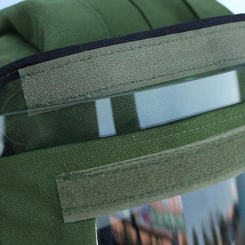 Close-up of Sand Blasting Hood Cap With Canvas Shawl Protective Gear Mask Anti Dust Hood showing breathable vent and curved glass.