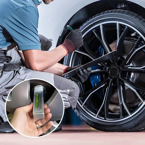 Adjustable Magnetic Camber Caster Gauge Tool Dead Nuts Accurate Wheel Alignment Aid For Tire And Suspension Work Universal Fit For Cars Trucks And Rv Gray shown in use on vehicle wheel.