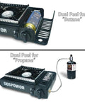 Dual Fuel Camping Stove With Wind Blocker, 10,000 BTU Portable Gas Stove For Outdoor Cooking, Propane Or Butane option shown