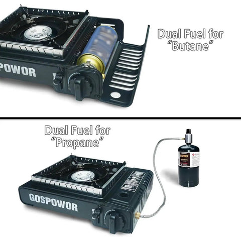 Dual Fuel Camping Stove With Wind Blocker, 10,000 BTU Portable Gas Stove For Outdoor Cooking, Propane Or Butane option shown