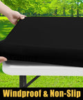 Waterproof Elastic Fitted Table Cloth For 6 Foot Tables Washable Polyester Table Cover For Picnic And Outdoor Use Elastic Edge Keeps It Snug Without Clips Stays Put On Breezy Days Black 30 By 72 Inches installed on table