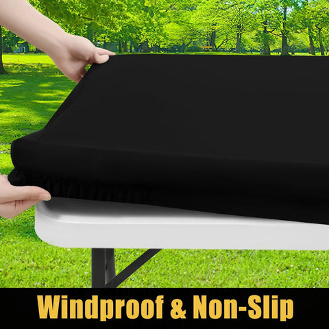 Waterproof Elastic Fitted Table Cloth For 6 Foot Tables Washable Polyester Table Cover For Picnic And Outdoor Use Elastic Edge Keeps It Snug Without Clips Stays Put On Breezy Days Black 30 By 72 Inches installed on table