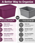 Comparison image of Top Shelf 18 Gallon Storage Bin With No Sweat Snap On Lid Hella Spacious Stackable Tote vs generic storage box.