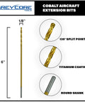 Greycore Tools cobalt aircraft extension bit set, 1/8 in x 6 in, 2-pack; M35 cobalt with titanium coating; round shank