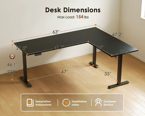 63 Inch Reversible L Shaped Electric Standing Desk Height Adjustable Corner Desk For Home Office shown in black with dimensions