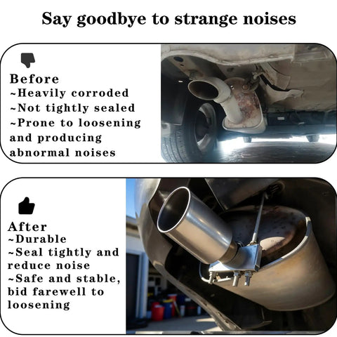Before and after installation of heavy duty exhaust clamps with hangers fits 3 inch universal exhaust pipe rear muffler hanger for cars and trucks 2 pack galvanized steel rust resistant easy DIY install built to last