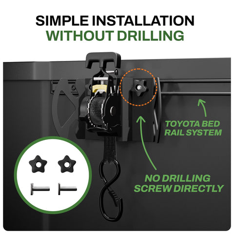 Rotating Retractable Ratchet Straps For Toyota Tacoma Tundra And Jeep Gladiator Bed Rails Swivel Head Auto Retract Tie Down Straps Heavy Duty Truck Bed Anchors for easy no drill hauling on Toyota bed rail with install tools