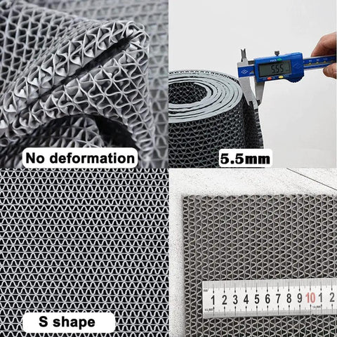 Heavy Duty PVC Drainage Mat Grippy Non Slip Wet Area Floor Mat Roll 3 By 16.4 Ft 0.22 Inch Thick Ideal For Restaurants Bars Bathrooms Pools Patios Outdoor And Indoor Grey, close-up showing texture, thickness measurement, and S shape design