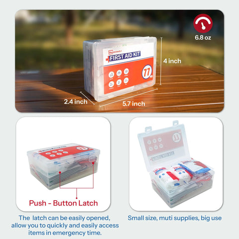 First aid kit refill, 77-piece loose-pack in a clear plastic case (front view)