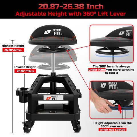 Rolling Shop Stool For Garage With Casters Adjustable Height 360 Degree Swivel Padded Mechanic Stool With Tool Tray