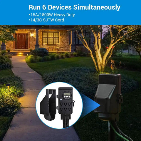 Outdoor Digital Power Strip Timer With 6 Outlets Waterproof Garden Power Stake And 6 Foot Cord Heavy Duty 15A Digital Timer in use at night