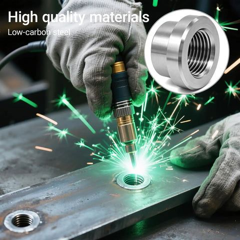 4 Pack Half Inch NPT Weld On Female Bung Fitting Badass 304 Stainless Steel Auto Fuel Tank Adapter being welded in garage.