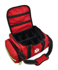 Open view of Large EMT Trauma Kit For First Responders, Fully Stocked Trauma Bag With Over 240 Supplies For CPR, Airway, Bleeding, Wounds, Burns And More For EMS Fire Police Office Sports Teams, Red Emergency Medical Kit with main compartment and side pockets visible.