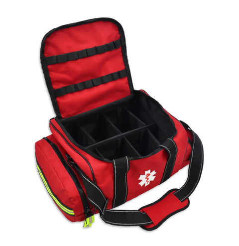 Open view of Large EMT Trauma Kit For First Responders, Fully Stocked Trauma Bag With Over 240 Supplies For CPR, Airway, Bleeding, Wounds, Burns And More For EMS Fire Police Office Sports Teams, Red Emergency Medical Kit with main compartment and side pockets visible.