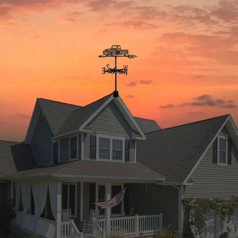 Black Metal Pickup Truck Weathervane Ornament on house roof at sunset, outdoor yard decor wind direction indicator iron craft.