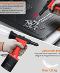 Professional Pneumatic Rivet Nut Gun Featuring Automatic Self Suction Loading And Four Quick Swap Nosepieces For Smooth Single Hand Operation, lightweight and ergonomic design.