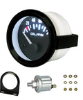 52mm oil pressure gauge kit with black dial, 100 PSI, 12V; includes sensor, mounting bracket, and hardware.
