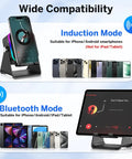 Wide compatibility of Induction Wireless Speaker With Phone Stand Five In One Bluetooth Speaker, showing phone and tablet compatibility.