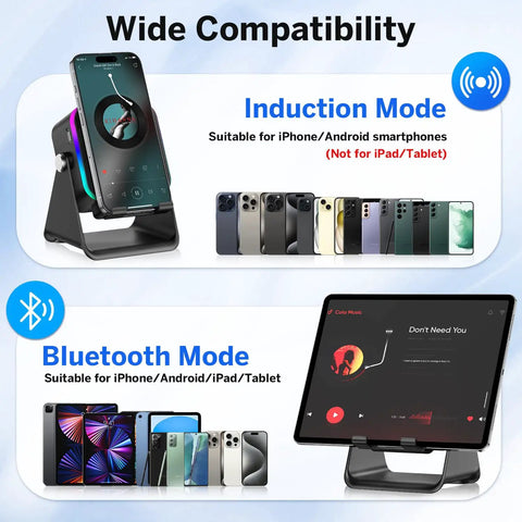 Wide compatibility of Induction Wireless Speaker With Phone Stand Five In One Bluetooth Speaker, showing phone and tablet compatibility.